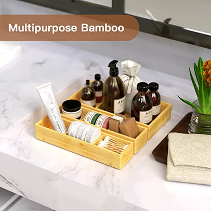 DUJEN Bamboo Drawer Organizer 12.5'' X 12.5'' X 2'', Adjustable 3 Individual Junk Drawer organizer for Bathroom and Kitchen, Wood Drawer Tea Organier Boxes for Silverware, Make up and Tea Bag - size: 1 piece 12.5X6.2 & 2 pieces 12.5X3.1