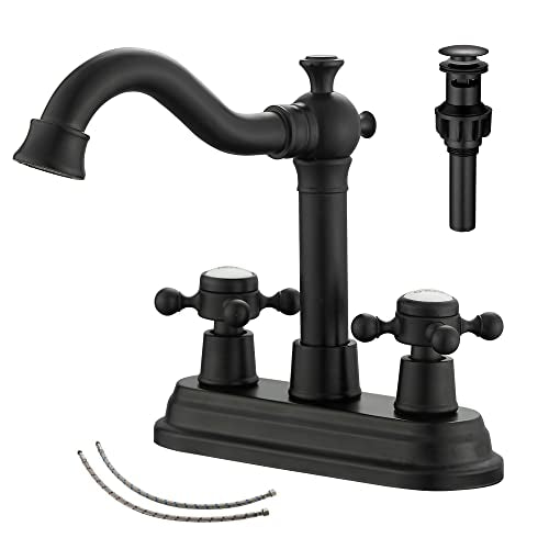 Bathroom Faucet Matte Black 2 Handles 4 Inches Centerset Black Bathroom Vanity with Drain Assembly and Supply Hose Lavatory Faucet - color: Black, style: Ceramic Cover