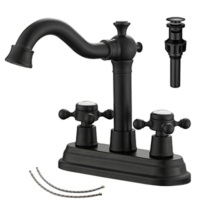 Bathroom Faucet Matte Black 2 Handles 4 Inches Centerset Black Bathroom Vanity with Drain Assembly and Supply Hose Lavatory Faucet - color: Black, style: Ceramic Cover