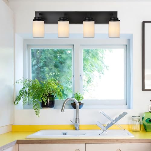 TODOLUZ 4-Lights Bathroom Light Fixtures in Matte Black, Modern Opal White Glass Vanity Light E26 Bulb Base, Wall Mount Lighting for Bedroom Bath Living Room - color: Black, size: 4-Lights