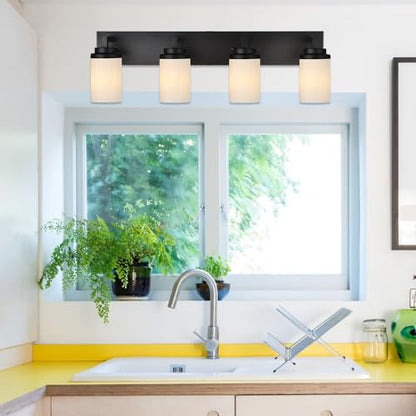 TODOLUZ 4-Lights Bathroom Light Fixtures in Matte Black, Modern Opal White Glass Vanity Light E26 Bulb Base, Wall Mount Lighting for Bedroom Bath Living Room - color: Black, size: 4-Lights