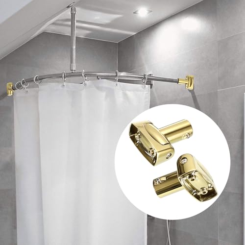 KoKone Shower Curtain Rod Bracket Set of 2 Adjustable 180° Rotation Bracket | for Curved Shower Curtain Rod Sturdy Zinc Alloy Wall Mounted Curtain Rod Holder for Bathroom, Wardrobe, Kitchen, Gold