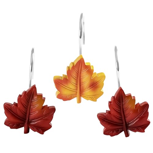 Red Plant Leaf Shower Curtain Hooks,Eucalyptus Bathroom Decor,12PCS | Cute Decorative Leaves Shower Curtain Rings,Metal Rustproof,Easy Installation,Smooth sliding - color: Red
