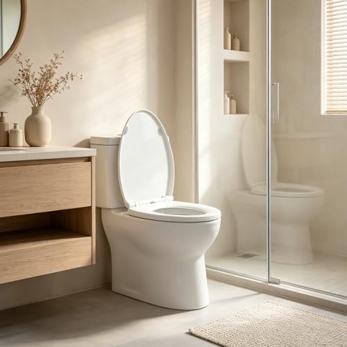 KHE Elongated Toilet Seat 18.5 Inch, Soft Close, White | Quick Release, Easy Cleaning, Non-Slip Bumpers, Durable PP - size: Elongated 18.5''