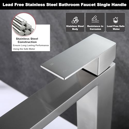 Brushed Nickel Vessel Sink Faucet, Tall Bathroom Faucet 1 Hole | Stainless Steel Single Hole Bathroom Sink Faucet, Tall Vanity Faucet with Pop Up Drain - color: Brushed Nickel, size: Tall