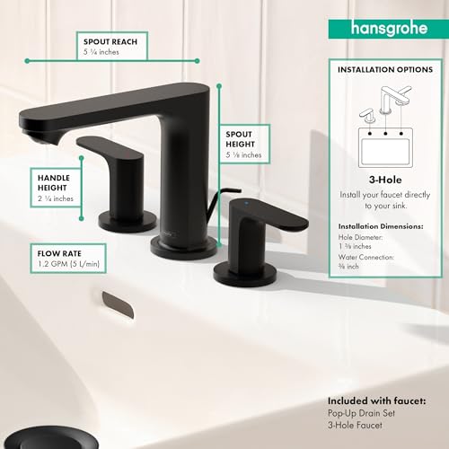 hansgrohe Rebris S Widespread Bathroom Faucet, 2-Handle, 3 Hole Bathroom Sink Faucet for Vanity with Pop-Up Drain Assembly, 1.2 GPM, Matte Black, 72530671 - color: Matte Black