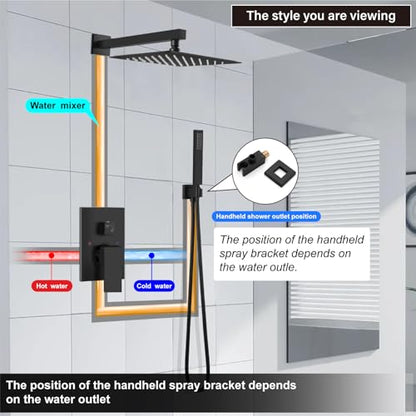 Midanya Shower Faucet Set with Handheld Sprayer,10 Inch,Matte Black | Rough-in Shower Valve and Trim Kit Included,Square Rain Head,Wall Mount Shower System,All Metal,Bathroom - color: Black, size: 10 Inch