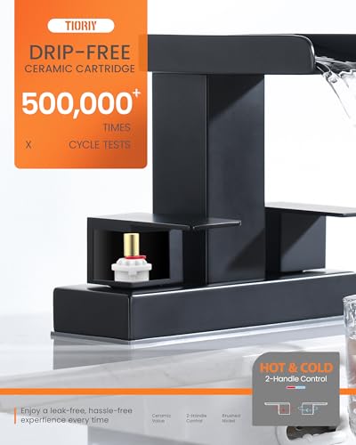 Waterfall Bathroom Faucet 2 or 3 Holes, Matte Black Bathroom Sink Faucet, 4 Inch Centerset Faucets, 2 Handles Waterfall Vanity Faucets, Pop Up Drain Assembly Included - color: Matte Black