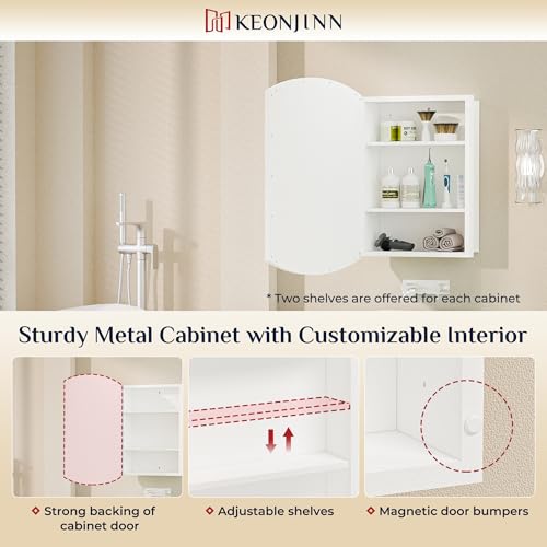 Keonjinn White Medicine Cabinet with Mirror 20” x 30”, Metal Framed Wall Cabinet with Beveled Mirror, Surface Mount or Recessed Medicine Cabinet for Bathroom, Bathroom Mirror with Storage | Adjustable Shelves, Arched Vanity Mirror with Storage, Recessed o