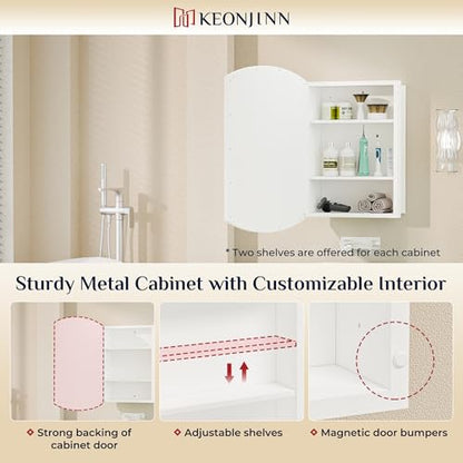 Keonjinn White Medicine Cabinet with Mirror 20” x 30”, Metal Framed Wall Cabinet with Beveled Mirror, Surface Mount or Recessed Medicine Cabinet for Bathroom, Bathroom Mirror with Storage | Adjustable Shelves, Arched Vanity Mirror with Storage, Recessed o