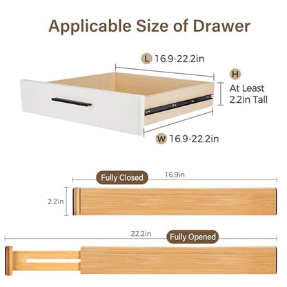Adjustable Bamboo Drawer Dividers of 4, Expandable Organizers (16.9"-22.2") | Spring-Loaded Kitchen Drawer Organizer, Non-Slip Ends, 2.2" High, Easy Setup & Clean, for Kitchen, Dresser, Clothes, Bath - size: 2.3"High, 16.9“-22.2”Long, 4Pack