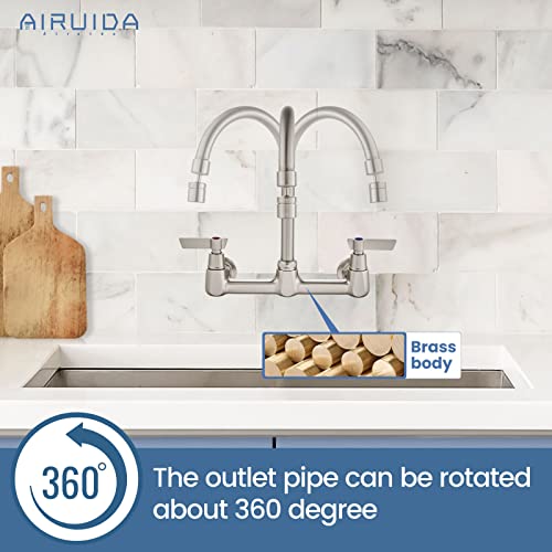 Airuida 8 Inch Brushed Nickel Wall Mount Kitchen Sink Faucet | 2 Handle Kitchen Faucet,without Adapter,360° Swivel Spout,Commercial Sink Faucet,for Laundry Utility - color: Brushed Nickel