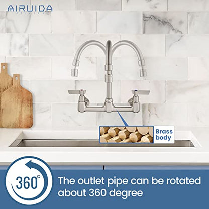 Airuida 8 Inch Brushed Nickel Wall Mount Kitchen Sink Faucet | 2 Handle Kitchen Faucet,without Adapter,360° Swivel Spout,Commercial Sink Faucet,for Laundry Utility - color: Brushed Nickel