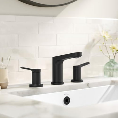 KRAUS Indy Widespread Bathroom Faucet in Matte Black with 2 Handles, Pop Up Drain and Supply Lines, FUS-14103MB - color: Matte Black, style: Widespread