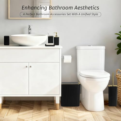 Bathroom Accessory Set with Shower Curtain and Rugs 23Pcs, Black Bathroom Set - Trash Can, Soap Dispenser, Soap Dish, Toilet Brush, Toothbrush Holder, Toothbrush Cup, Tissue Box, Q-tip Holders - size: Bath Set+Shower Curtain+Bath Rugs+Tissue Box