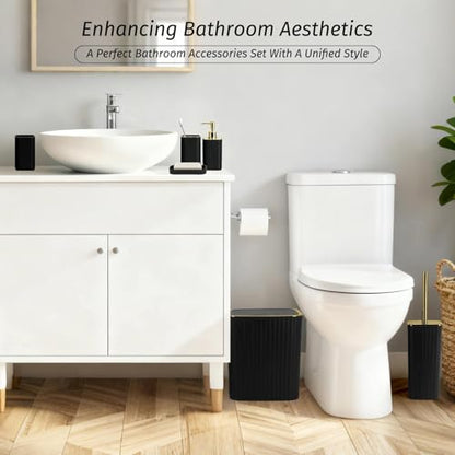 Bathroom Accessory Set with Shower Curtain and Rugs 23Pcs, Black Bathroom Set - Trash Can, Soap Dispenser, Soap Dish, Toilet Brush, Toothbrush Holder, Toothbrush Cup, Tissue Box, Q-tip Holders - size: Bath Set+Shower Curtain+Bath Rugs+Tissue Box