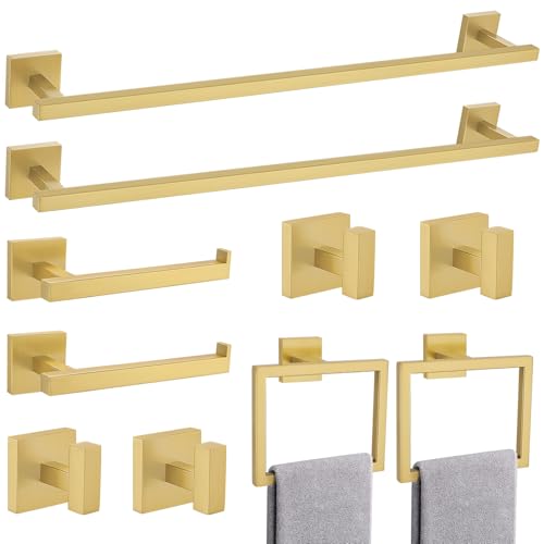 TQKAG Brushed Gold Bathroom Hardware Accessories Set 10 Pieces, 23.6" SUS304 Stainless Steel Towel Bar Set Wall Mounted Includes Single Towel Bar, Towel Ring, Toilet Paper Holder, Double Towel Hooks - color: Brushed Gold, size: 10-Pieces Set