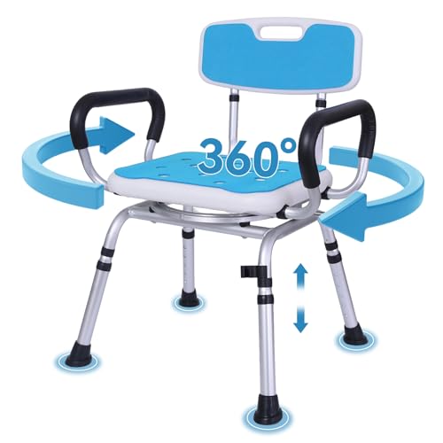 Swivel Shower Chair with Removable Back and Arms, Adjustable Height | 400 lbs Shower Chair for Elderly and Disabled, 360° Rotating with Locking Seat, Non-Slip Bath Seat for Inside Shower, Tub - color: Light Blue