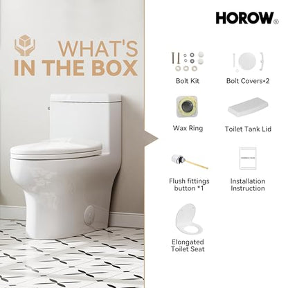HOROW One-Piece Elongated Toilet, 1.28 GPF High Efficiency, Easy Cleaning Design, Left-Hand Flush Lever, Soft-Close Seat, Compact Modern Bathroom Toilet, 12'' Rough-In, White Ceramic Bowl - color: White with Single Flush, size: 12" rough in