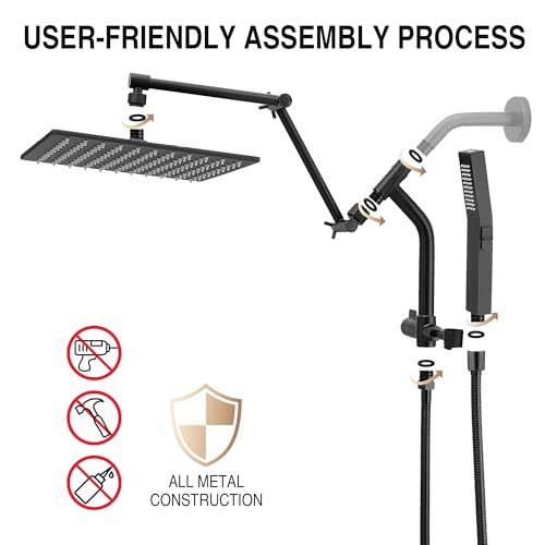All Metal 10 Inch Rain Shower Head with Handheld Built-in Power Wash Mode, High Pressure Waterfall Rainfall Square Shower Heads with 16" Adjustable Extension Arm, Dual Showerhead, Matte Black - color: Matte Black, size: 10 Inch