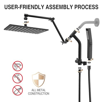 All Metal 10 Inch Rain Shower Head with Handheld Built-in Power Wash Mode, High Pressure Waterfall Rainfall Square Shower Heads with 16" Adjustable Extension Arm, Dual Showerhead, Matte Black - color: Matte Black, size: 10 Inch