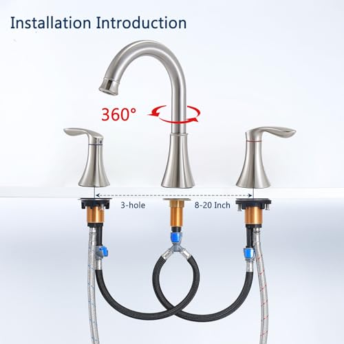 Friho 8 Inch Widespread 3 Hole Bathroom Faucet, Brushed Nickel Lead-Free 2-Handle Vanity Faucet with Swivel Spout, Pop-up Drain & Supply Hoses - color: Brushed Nickel-1