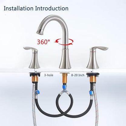 Friho 8 Inch Widespread 3 Hole Bathroom Faucet, Brushed Nickel Lead-Free 2-Handle Vanity Faucet with Swivel Spout, Pop-up Drain & Supply Hoses - color: Brushed Nickel-1