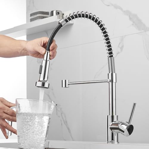 Kitchen Faucet with Pull Down Sprayer, Stainless Steel, Chrome | 1 Handle Spring Sink Faucets, Lead-Free Stainless Steel, 1 or 3-Hole with Deck Plate,Farmhouse, RV, Bar, Laundry Room - color: D - Chrome
