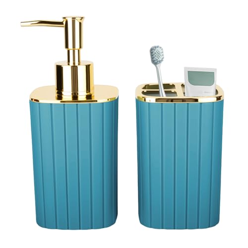 RRM Bathroom Soap Dispenser and Toothbrush Holder Set, Teal Blue | 2 Piece Bathroom Accessories Set for Bathroom Countertop Storage and Housewarming Gifts - color: Teal Blue, size: 2Pcs
