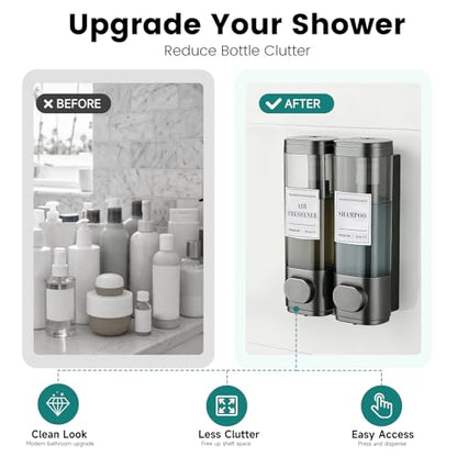 Shower Soap Dispenser 2 Chamber No Drill Wall-Mounted Shampoo Dispenser | Shower Dispenser for Bathroom Hotel Leak-Proof Pumps ,Large Capacity ,Gun Gray - color: 2gray