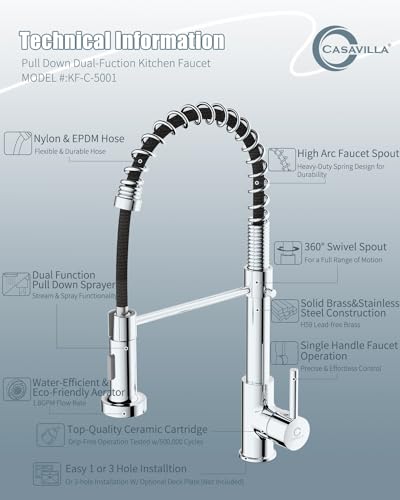 Kitchen Faucet, Commercial Kitchen Sink Faucets with Pull Down Sprayer, Stainless Steel Faucets for Kitchen Sinks, Dual Function Spray Head, Single Handle Spring Kitchen Faucets -Chrome Finish - color: E-Chrome Polished, style: Classic
