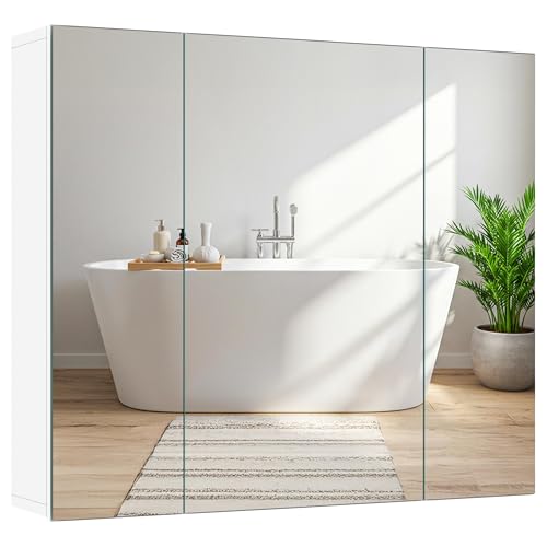 Yaheetech 28" White Bathroom Medicine Cabinet with 3 Frameless Mirror Doors | Bathroom Mirror with Storage, 28" x 24" x 6" MDF Wall Cabinet, Adjustable Shelf, Soft-Close Glass Doors, Frees Up Counters - style: 3 Doors