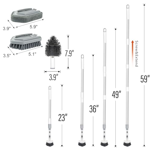 Tile Tub Scrubber Brush with 4 Cleaning Heads,59" Long Handle Stiff Bristles Scrub Brush with Extendable Pole, Rotatable Detachable Scrub Brush for Shower,Tile, Tub,Bathroom,Walls,Sink
