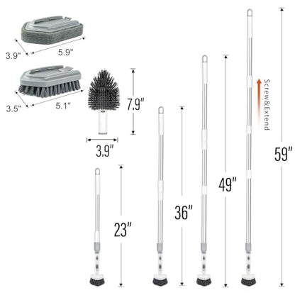 Tile Tub Scrubber Brush with 4 Cleaning Heads,59" Long Handle Stiff Bristles Scrub Brush with Extendable Pole, Rotatable Detachable Scrub Brush for Shower,Tile, Tub,Bathroom,Walls,Sink