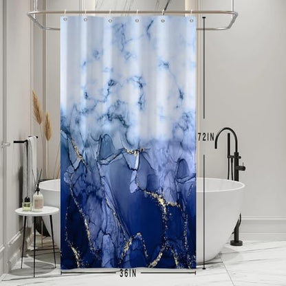 Navy Blue Marble Stall Waterproof Shower Curtain 36x72 inches | RV Small Shower Curtain Set for Bathroom, Abstract Modern, Machine Washable, Easy to Install with Hooks, Ombre White Blue - color: Navy Blue, size: 36"W x 72"L (Pack of 1)