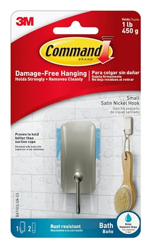 Command Small Bath Hook, Satin Nickel, 1-Hook, 2-Small Water-Resistant Strips, Organize Damage-Free (Pack of 2)