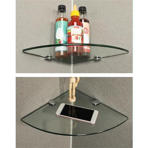 Bathroom Glass Corner Shelf Wall Mounted 7MM Tempered Transparent Glass with Chromed Shelf Brackets