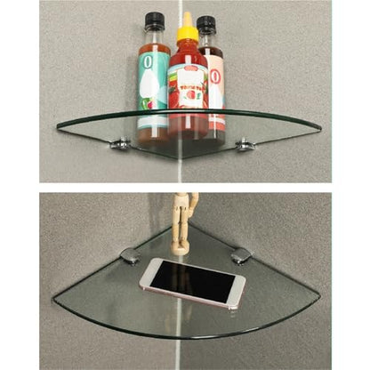 Bathroom Glass Corner Shelf Wall Mounted 7MM Tempered Transparent Glass with Chromed Shelf Brackets