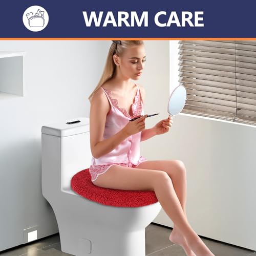 Soft Microfiber Toilet Lid Cover 17.5" x 15" Machine Washable | Solid Toilet Seat Cover Adjustable Rubber Backing Fits Most 16 -17.5" L x 14-16" W Round Oblong and Elongated Toilet Seat - color: Red