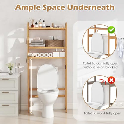 Tangkula 3-Tier Over the Toilet Storage Rack, Bamboo Bathroom Stand Organizer with 5-Position Shelves, 3 Hooks, Adjustable Bottom Bar, Freestanding Space Saver Toilet Shelf for Laundry Room (Natural)