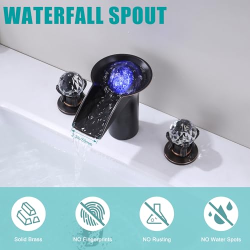 SKOWLL Oil Rubbed Bronze Waterfall Bathroom Faucet 3 Hole, Free Floating Crystal Ball with LED Light, Two Handle 8 Inch Widespread Faucet for Bathroom Sink - color: Oil Rubbed Bronze