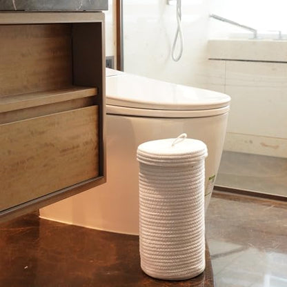 Toilet Paper Holder Handmade – Woven Cotton Toilet Paper Stand & Storage Basket with Lid, Freestanding Organizer for Bathroom, Fits 3 Mega Rolls Gradient Brown 14'' x 7'' - color: White