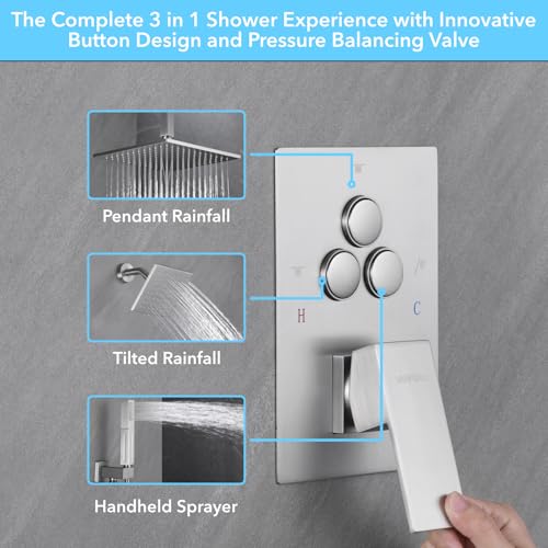 VANFOXLE Rain Shower System Brushed Nickel Shower Faucet Set, High Pressure | Push Button Diverter,16 Inch Ceiling Mount Rain Head Increased Thick, 6 Inch Side Head, 2-in-1 Handheld Sprayer - color: Brushed Nickel, style: 10"+6" Head