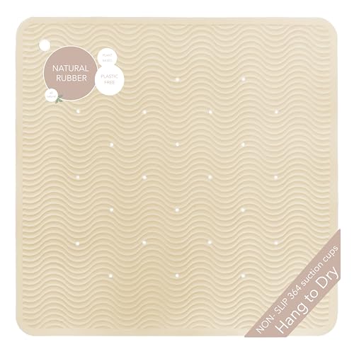 HEVEA Natural Rubber Wave Bath Mat – Square 21x21 in | Non-Slip Shower & Bathtub Mat with 364 Suction Cups, Plastic-Free & Biodegradable (Sand) - color: Sand, size: 20.7" x 20.7" (Square)