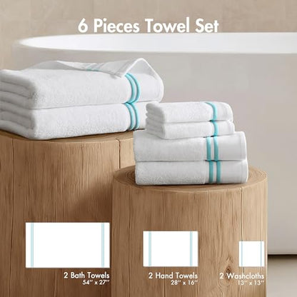 Madison Park Roan Border Cotton Bath Towel Set Absorbent, 6 Piece, Aqua | Microfiber, Soft Pile, Machine Washable, OEKO-TEX Certified, Plush Bathroom Mat, Non Slip TPR Backing - color: Aqua