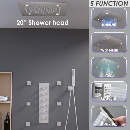 Enga Shower System With Spa Body Jets, 20 Inch LED Waterfall Atomizing Horizontal Square Ceiling Shower Head with Remote Control, Thermostatic Shower Faucet Set Flow Can Be Controlled Brushed Nickel - color: Brushed Nickel, style: 20" Head (Rain + Mist+Wa