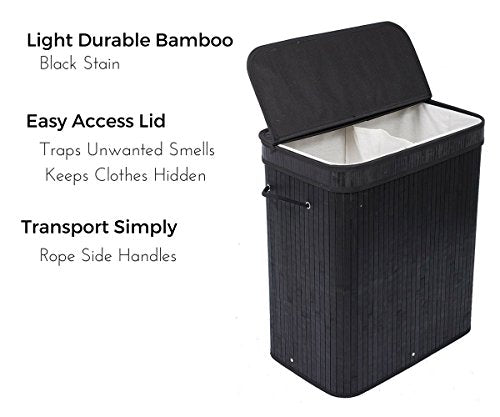 BIRDROCK HOME Double Laundry Hamper with Lid and Cloth Liner - Bamboo - Black - Easily Transport Laundry Basket - 2 Section Collapsible Hamper - String Handles