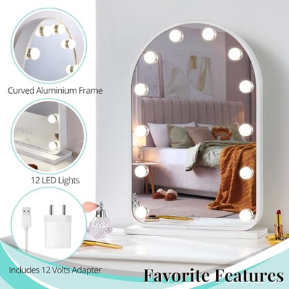 LUXFURNI Vanity Mirror with Lights, 24.5" Arched Hollywood Makeup Mirror | 12 LED Lights, 3 Color Modes, Touch Memory Control, Arched Frame No‑Bend Full‑Face View, HD Anti‑Glare Rust‑Resistant Glass