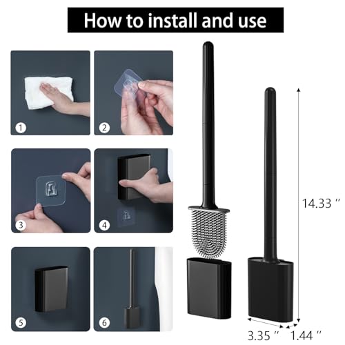 Black Toilet Brush, Toilet Bowl Brush, Silicone Toilet Brush and Holder, Compact Size, Toilet Brushes & Holders for Dead Corner Clean, Ventilation Slots Base
