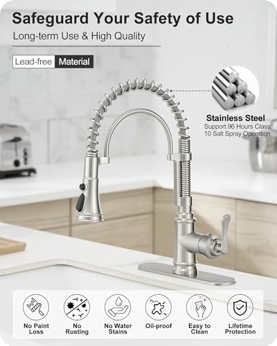 Pull-down Sprayer Kitchen Faucets Brushed Nickel 3 Mode Single Hole Kitchen Faucet 3 Hole, 360 Degree Swivel Stainless Steel Faucet for Kitchen Sink, 1 Handle Kitchen Sink Faucet with Deck Plate - color: Brushed Nickel - Modern